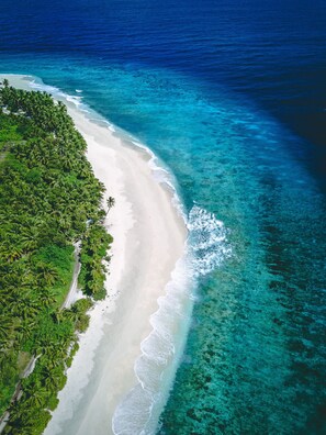 An aerial view of a beach with clear turquoise waters and white sand, surrounded by dense green vegetation. - Millennium Island Residence (Fuvahmulah)
