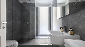 A modern bathroom with a shower, toilet, and bathtub. - Via del Tritone (Rome)