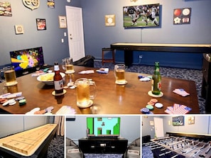 Enjoy casual gatherings and entertainment with a table set for friends, a TV for games, and foosball and shuffleboard tables.