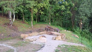 A natural outdoor setting with a gravel path leading to a stone fire pit surrounded by rocks.