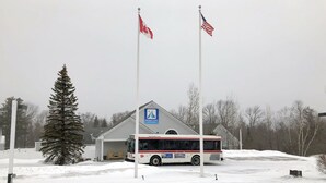 A bus stop with a shelter, a Christmas tree, and two flags.