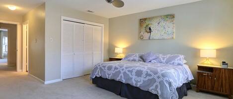 A bedroom with a bed, a ceiling fan, a closet, and a painting on the wall.