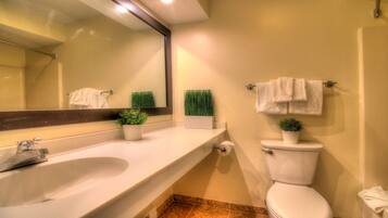 Combined shower/tub, hair dryer, towels