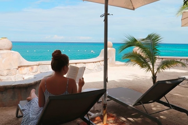 Private beach, white sand, sun loungers, beach umbrellas