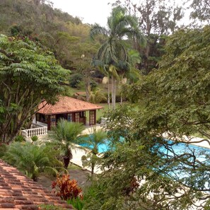 A house with a tiled roof, a swimming pool, and lush greenery. - Ninho da Arara (Petrópolis)