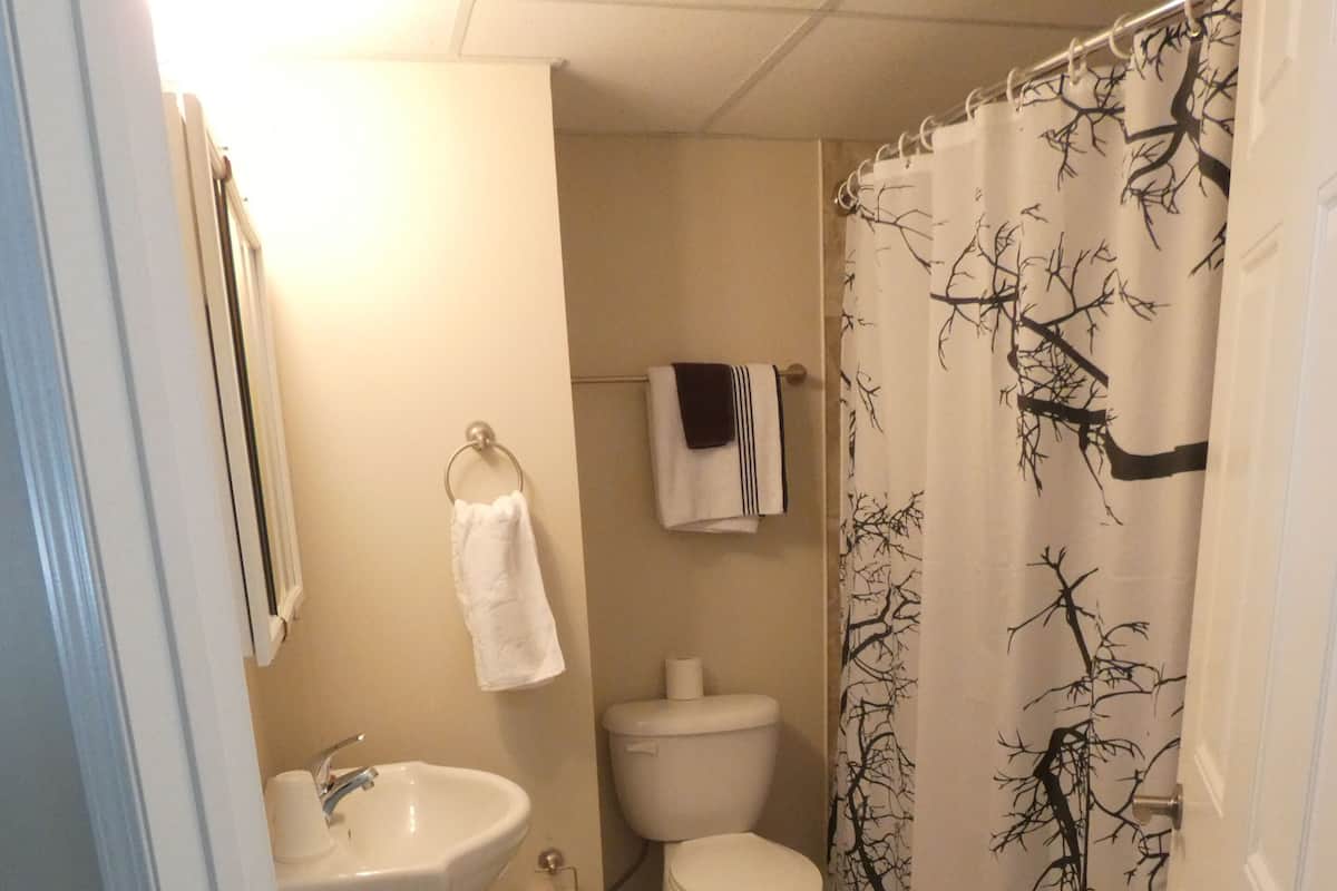 Een badkamer met toilet, wastafel en douchegordijn.