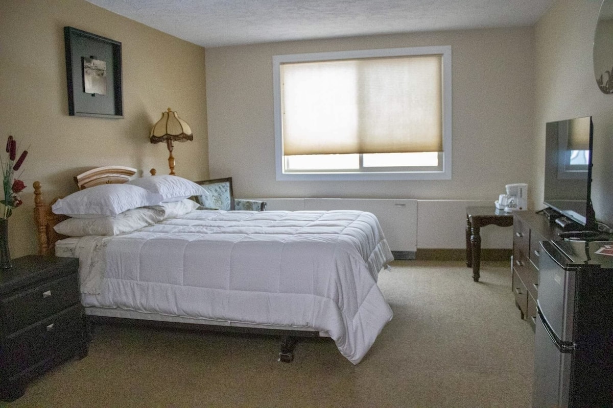 Een slaapkamer met een bed, een dressoir, een bureau, een lamp, een raam met jaloezieën, en een televisie.