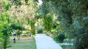A garden pathway with a pergola, potted plants, and a lantern. - Adasu Otel (Marmara)