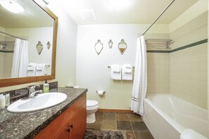 Combined shower/bathtub, hair dryer, towels