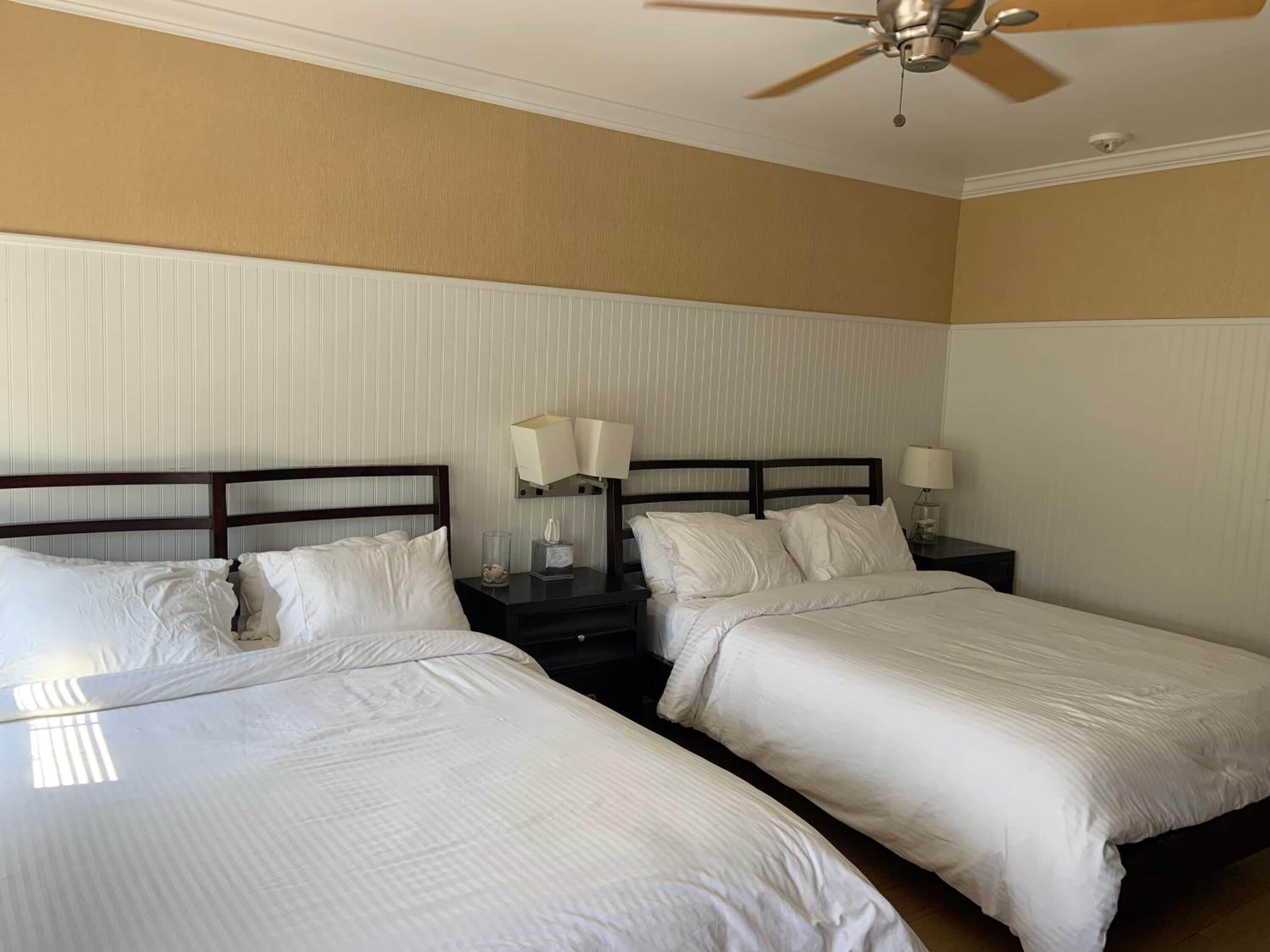 Une chambre d’hôtel avec deux lits, un ventilateur de plafond et une table de chevet avec une lampe.