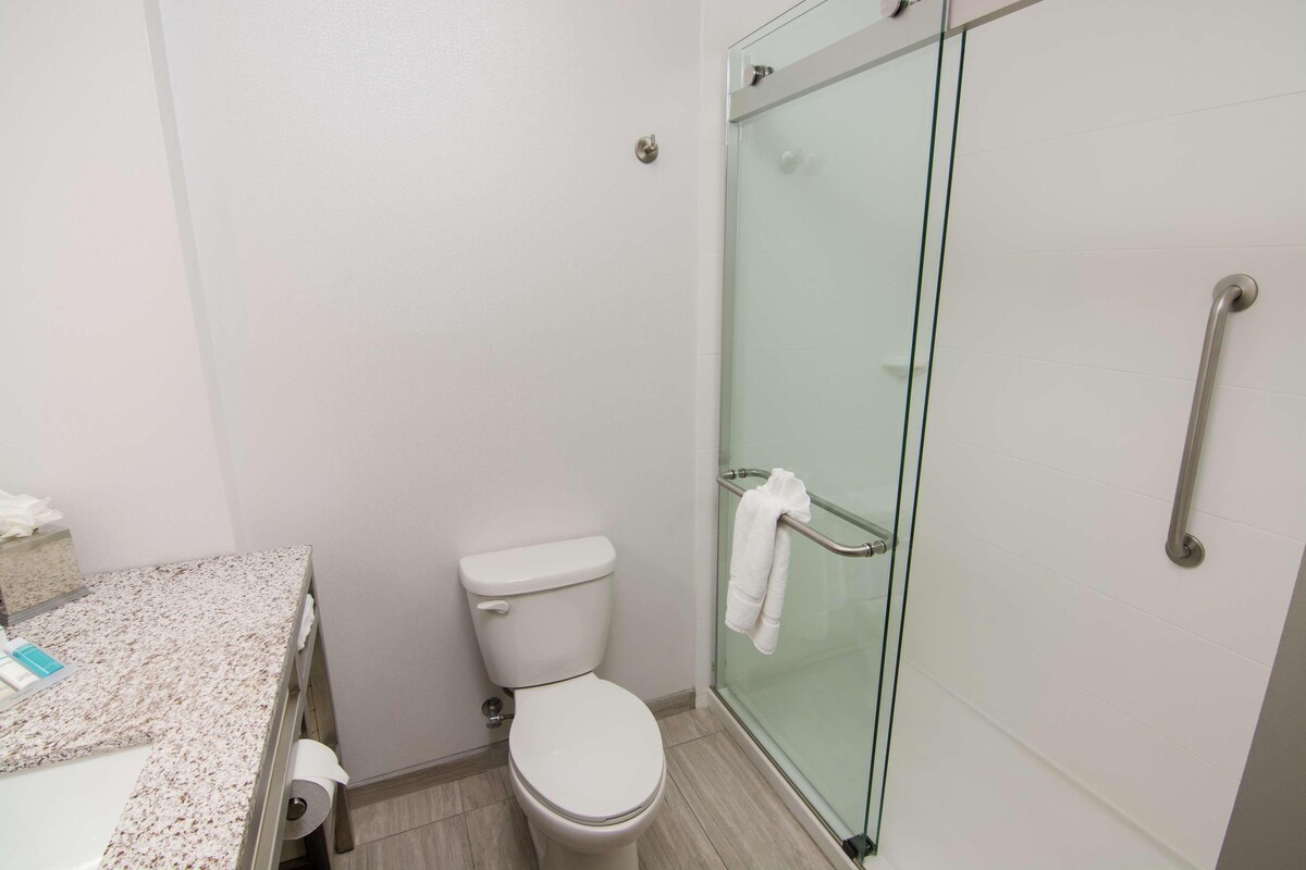 A bathroom with a toilet, a glass shower enclosure, and a marble countertop.