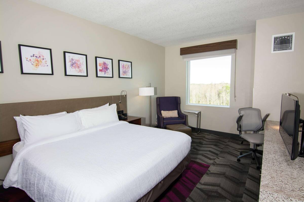 A hotel room with a large bed, a chair, a desk, and a window with a view.