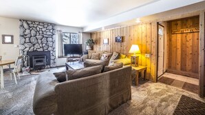 Ein gemütliches Wohnzimmer mit Steinwand, Holzvertäfelung, Kamin und Fernseher.