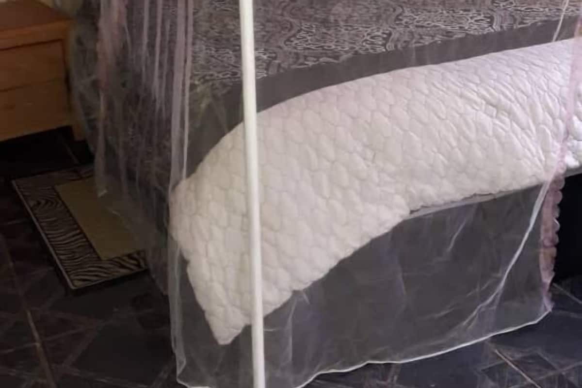 A bed with a canopy, a patterned rug, and a wooden nightstand.
