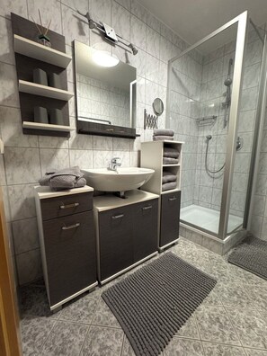 Hair dryer, towels, toilet paper