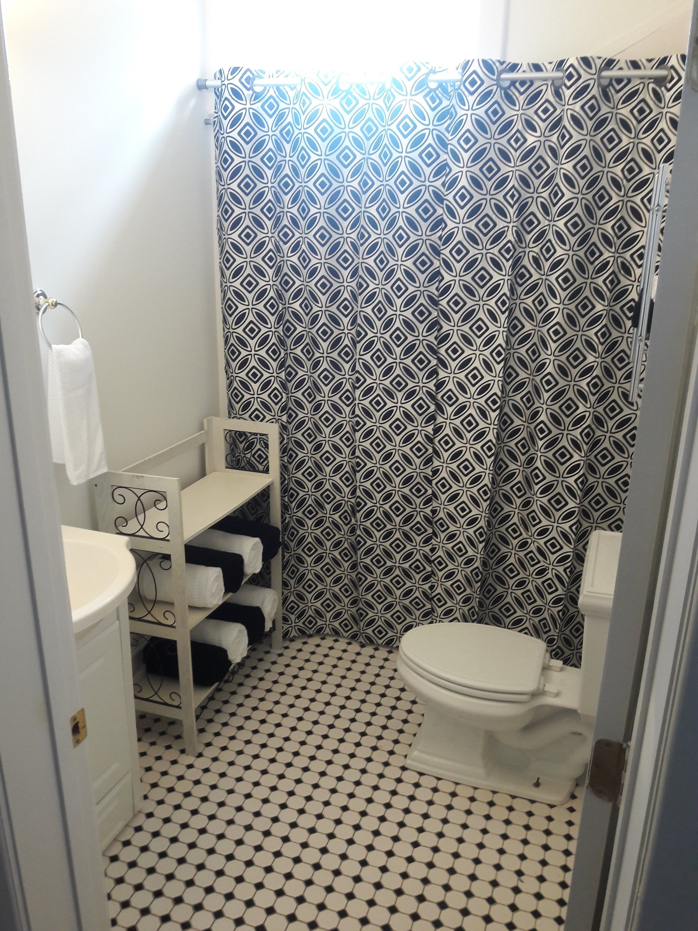 Une salle de bain avec un rideau de douche à motifs, des toilettes et un lavabo équipé d’un porte-serviettes.