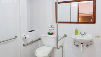 Shower, rainfall showerhead, hair dryer, towels