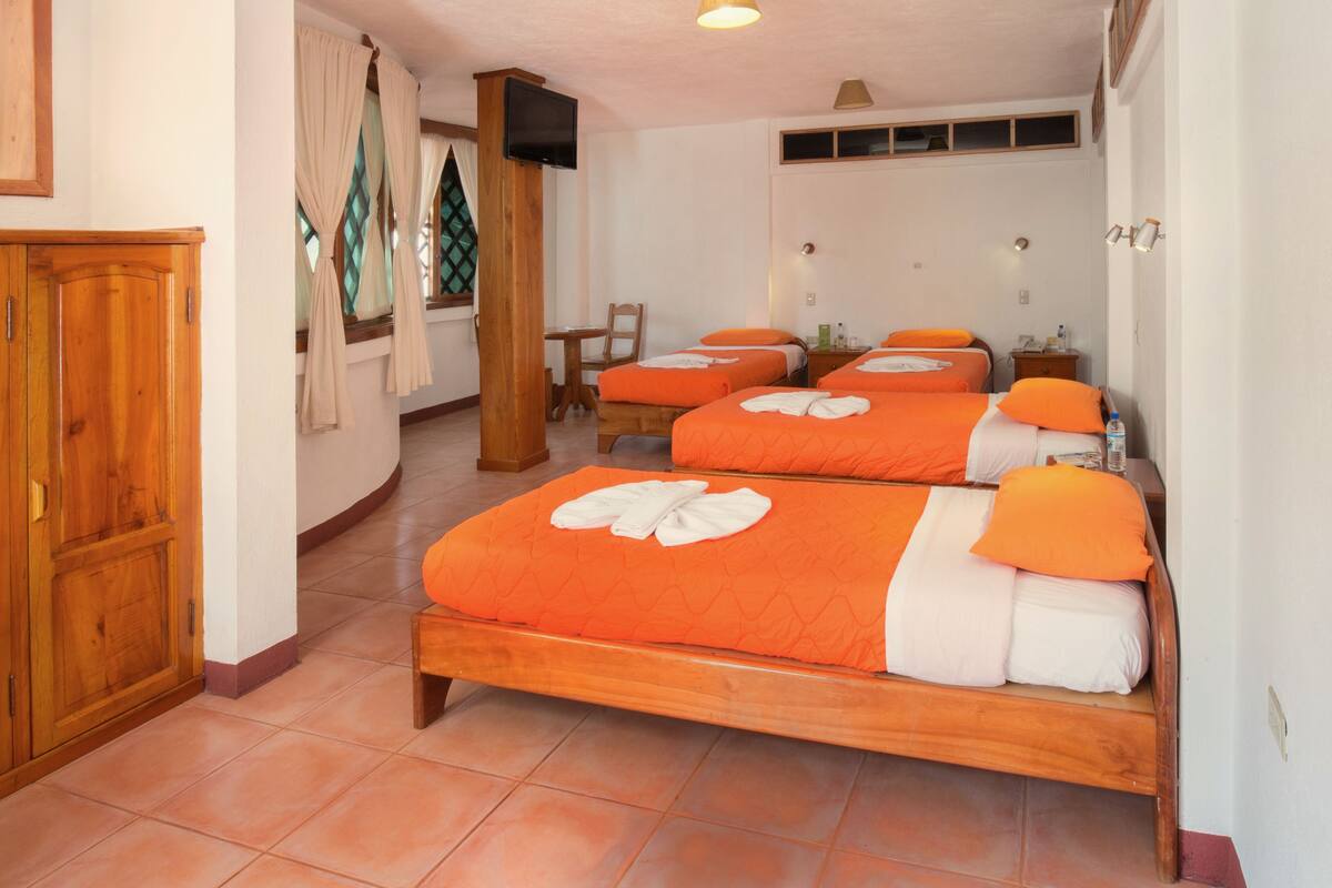 A hotel room with four beds, each with orange bedding and white towels. There is a wooden wardrobe, a small table, and a TV mounted on the wall.