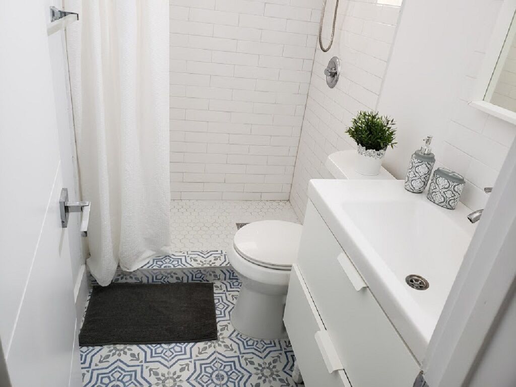 A small, modern bathroom with a white toilet, a shower with a curtain, a sink with a mirror, and a small potted plant.