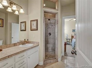 Combined shower/bathtub, jetted bath, hair dryer, towels