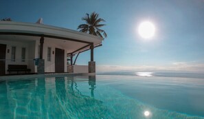 A modern infinity pool with a clear view of the ocean, a covered outdoor area, and a palm tree. - Alegria Water Front Beach House (Alegria)