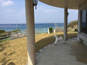 A covered outdoor area with a view of the ocean, a white horse sculpture, and a statue. - Minshuku Tantawan (Motobu)