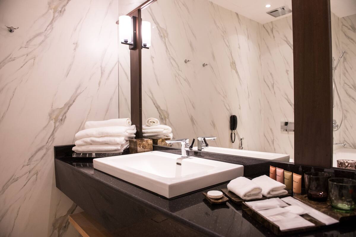 deluxe room | bathroom | shower, free toiletries, hair dryer, bathrobes