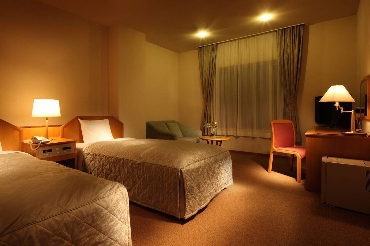 Habitación de hotel con dos camas, un escritorio, una silla, un televisor y un calentador.