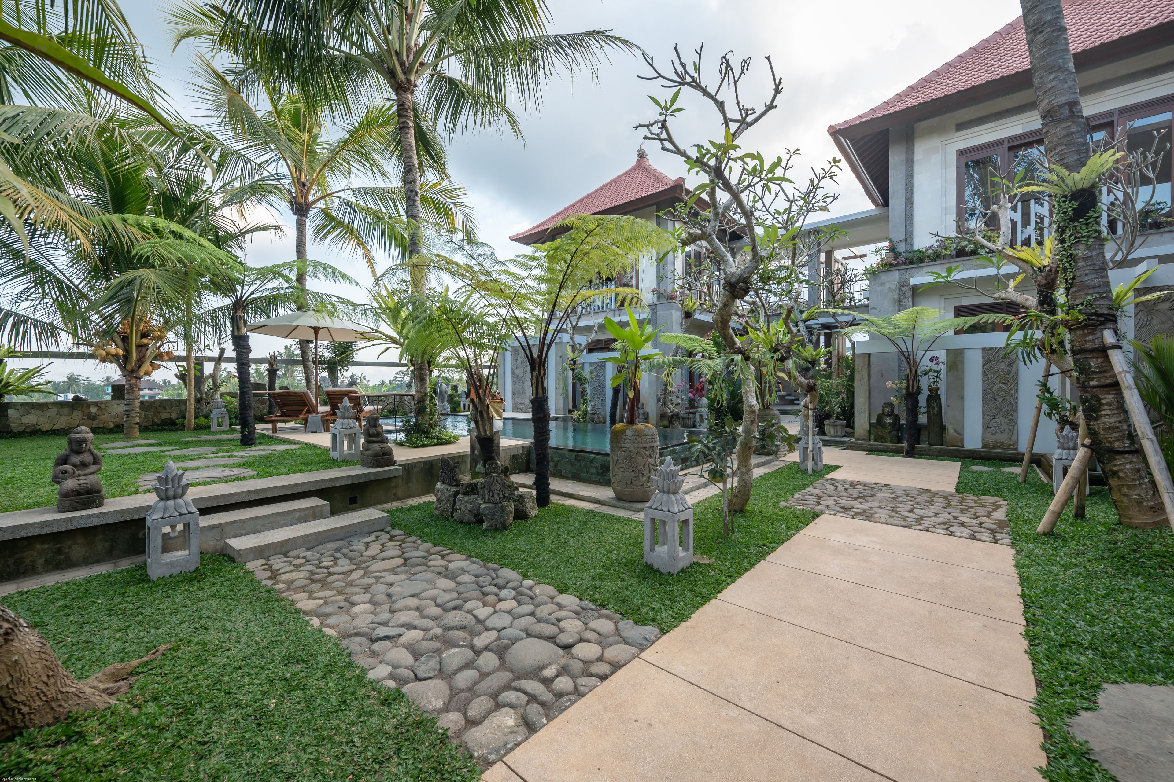 A tropical garden with a stone pathway, palm trees, and a large house with a red roof.