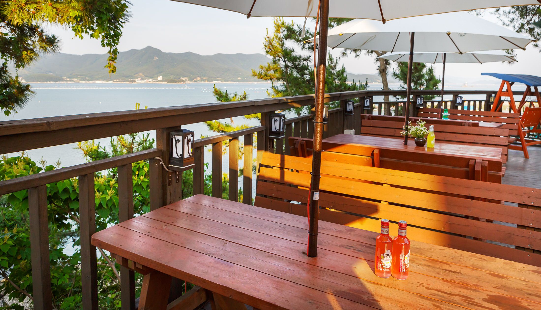 An outdoor dining area with wooden tables and benches, overlooking a body of water and hills.