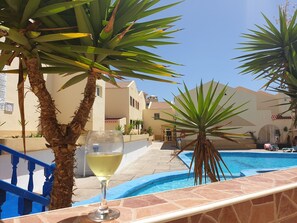 Outdoor pool, a heated pool, pool loungers