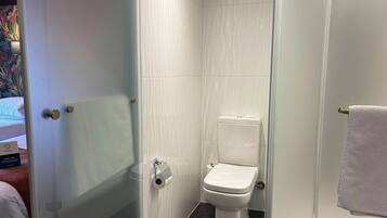Une salle de bain moderne équipée de toilettes, d’une douche à parois de verre et d’un porte-serviettes.