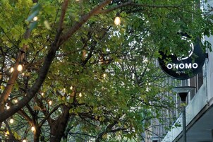 A tree with hanging lights and a hotel sign.