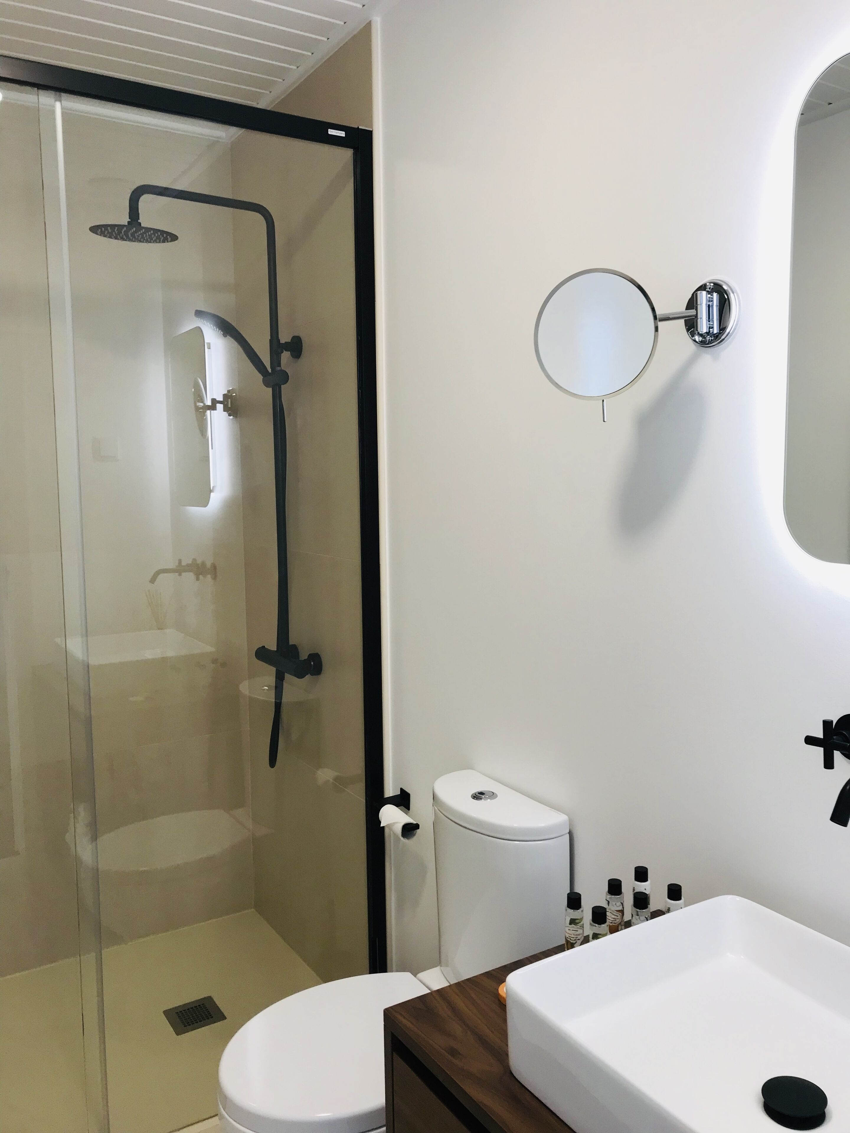 A modern bathroom with a glass-enclosed shower, a white toilet, and a wooden vanity with a large sink.
