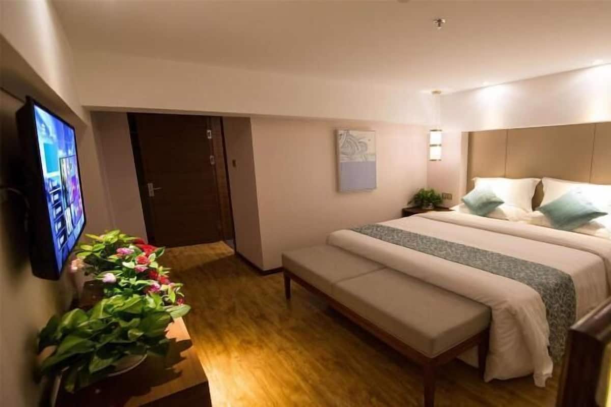 Habitación de hotel con cama, un banco, televisión y planta en maceta.