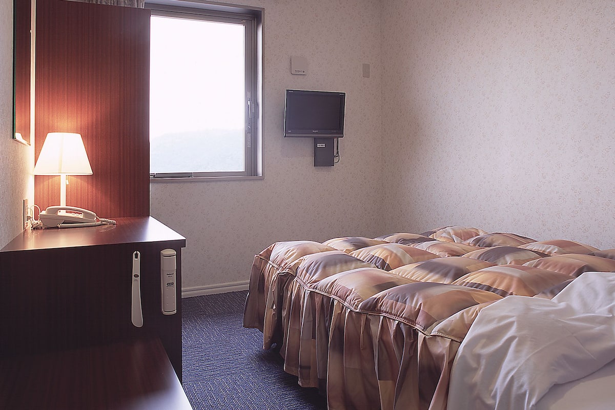 Una habitación de hotel con cama, escritorio, teléfono, lámpara, televisor y ventana.