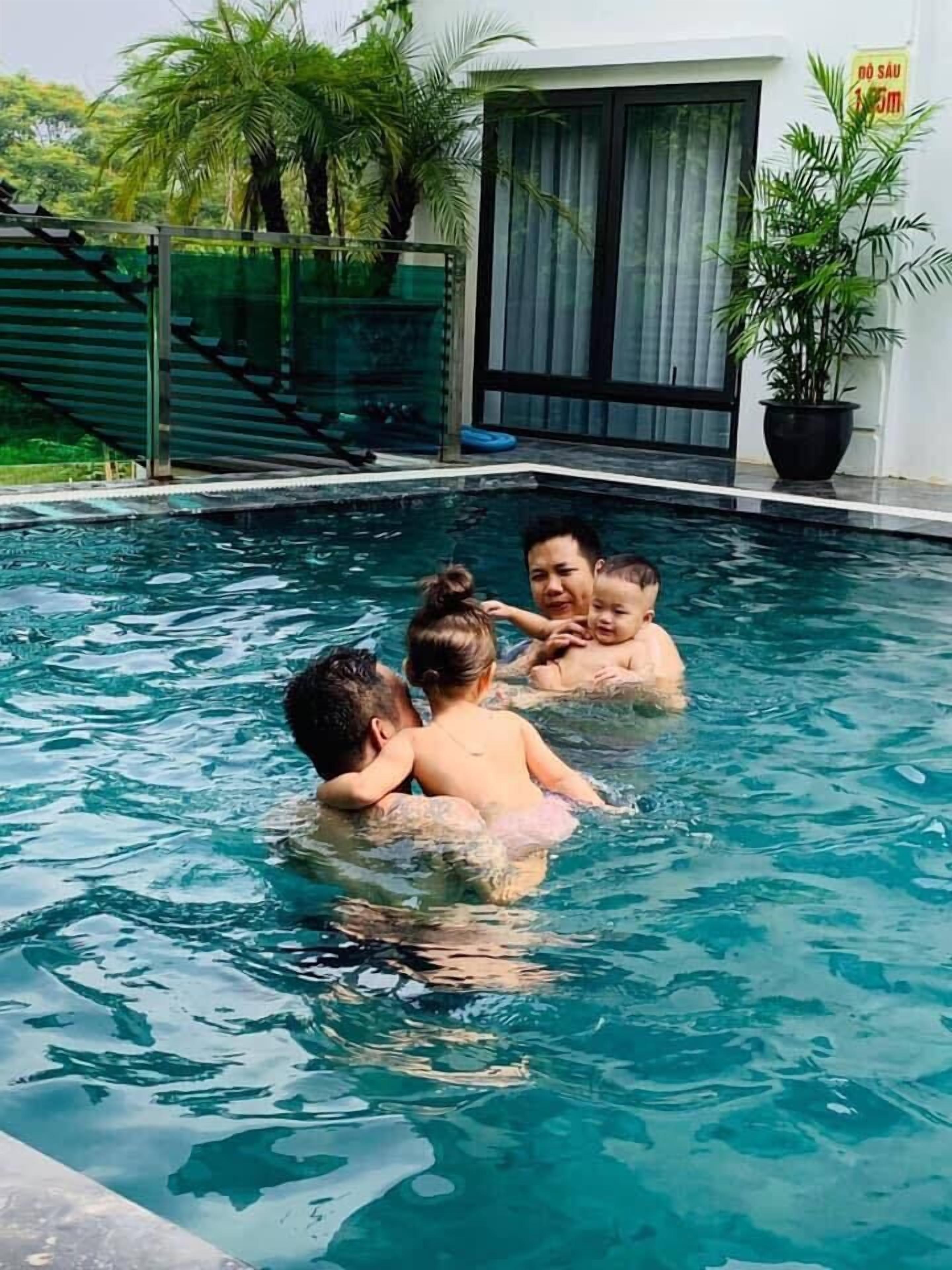Piscina com cobertura de vidro, cercada por grade e plantas em vasos.