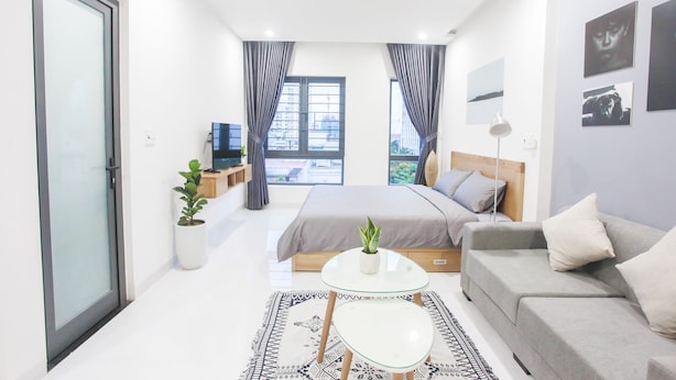 Ein modernes Schlafzimmer mit Bett, Sofa, Fernseher und einem kleinen Tisch mit Pflanze.