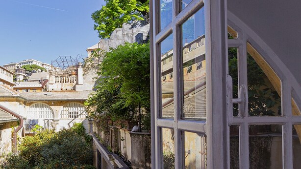 Blick aus einem Fenster auf ein historisches Gebäude mit einer Treppe und üppiger Bepflanzung.
