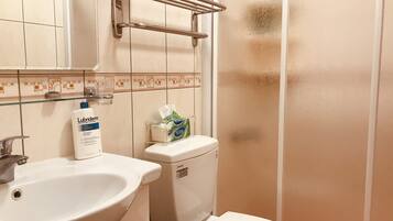 Shower, free toiletries, hair dryer, slippers