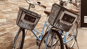 Due biciclette con cestini parcheggiate contro un muro di pietra.