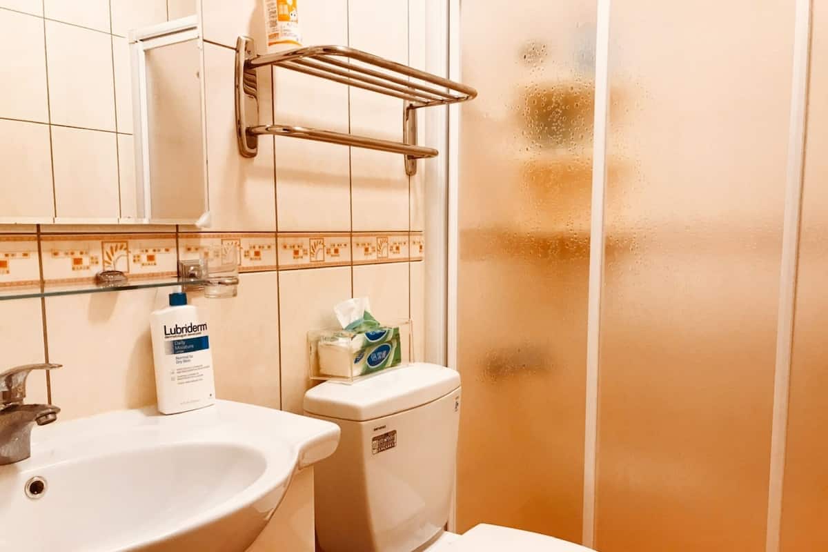 Douche, articles de toilette gratuits, sèche-cheveux, chaussons
