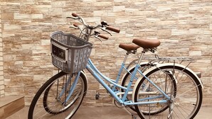 Una bicicletta blu con un cesto e selle marroni appoggiata a un muro di pietra.