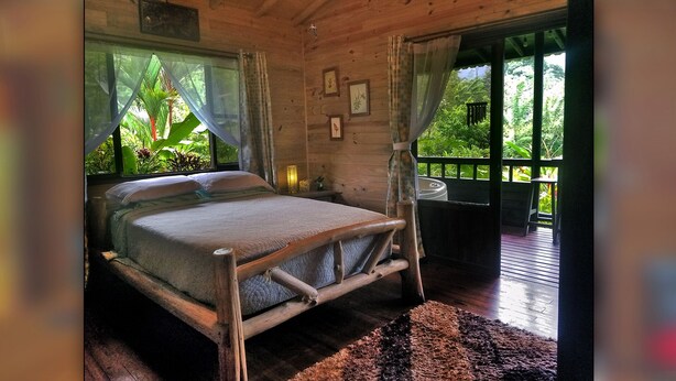Une chambre dans une cabane en bois, avec un lit, des rideaux et une vue sur la verdure.