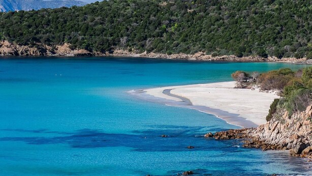 Un paisaje costero con mar turquesa transparente, una playa de arena y una colina boscosa al fondo.