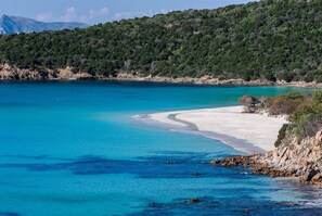 A coastal landscape with a clear turquoise sea, a sandy beach, and a forested hill in the background.