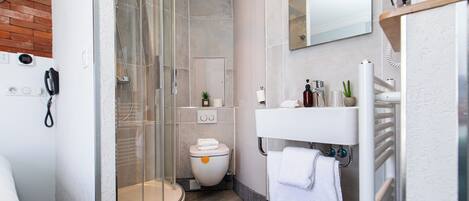A modern bathroom with a glass shower enclosure, a toilet, a sink with a mirror, and a towel rack.