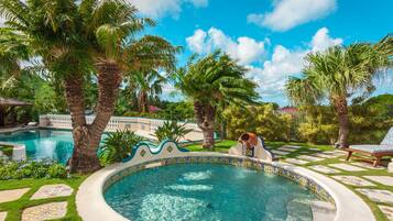 A swimming pool with a tiled edge, surrounded by palm trees and a well-maintained lawn.