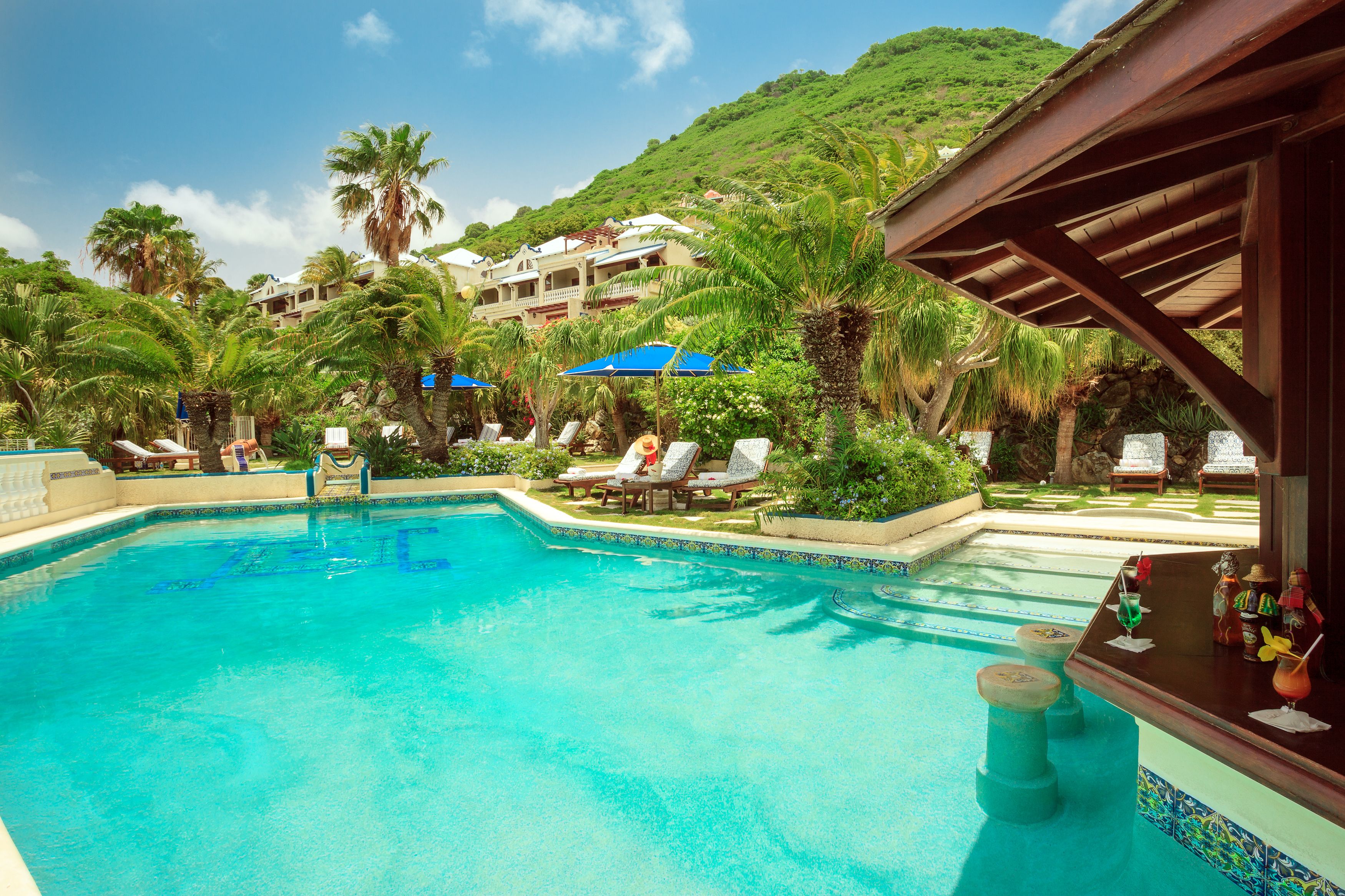 A clear blue pool with lounge chairs and umbrellas, surrounded by lush greenery and a hill in the background.