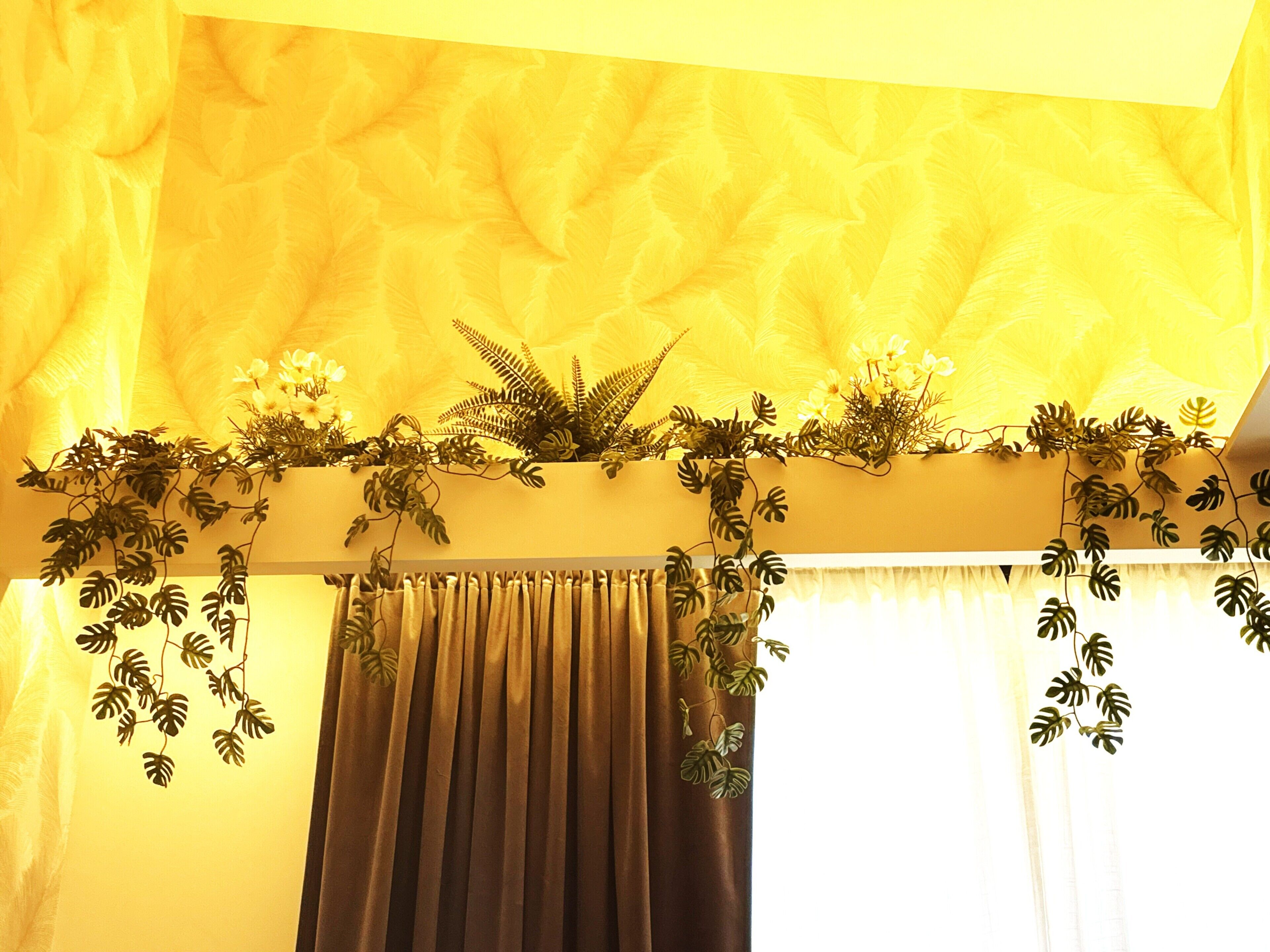 A room with a textured yellow ceiling, a window with dark curtains, and a plant arrangement on the window sill.